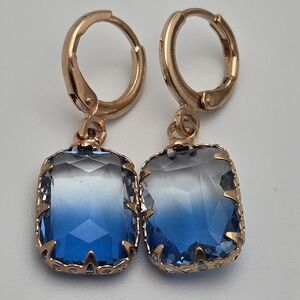 Ocean Blue Crystal Dangle Earrings Square Cut Gold Tone NEW